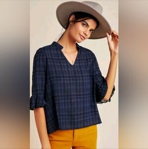 Anthropologie Dolan Tandy Plaid Blue Black Ruffle Sleeve Vneck Shirt Size XS.